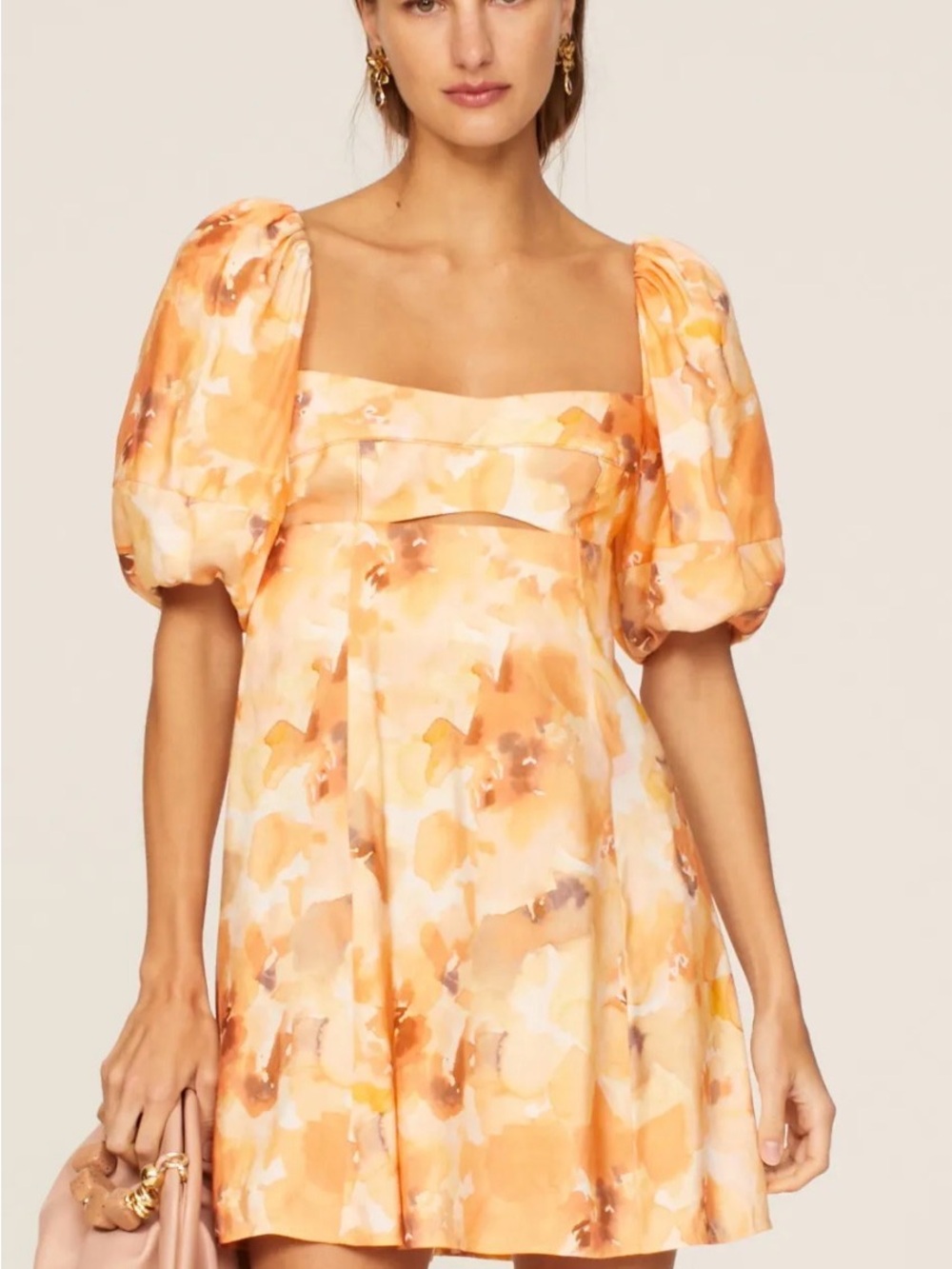 Watercolor Puff-Sleeve Mini Dress in Orange